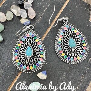 Statement turquoise mandala drops silver earrings